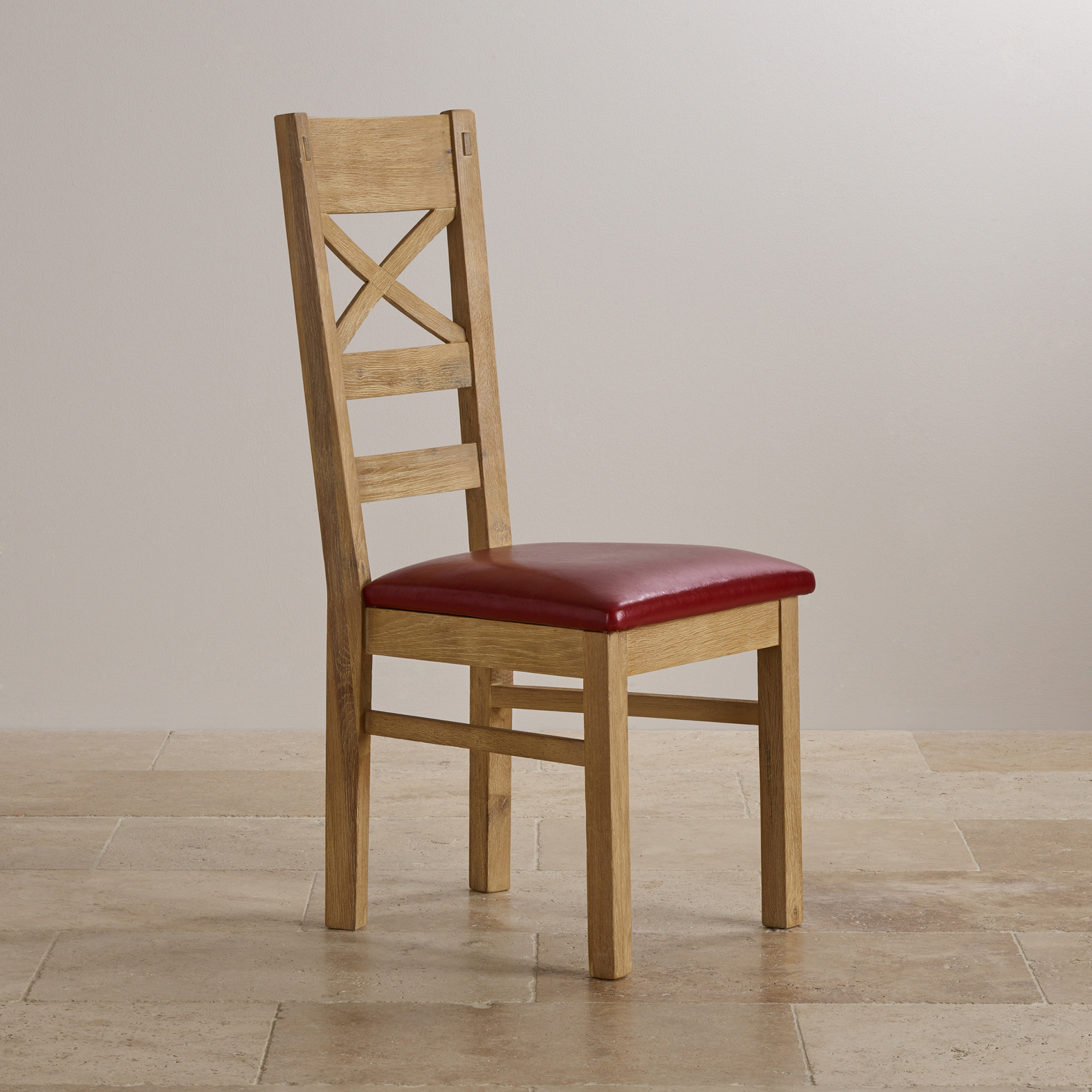 Coastal Solid Oak and Red Leather Dining Chair